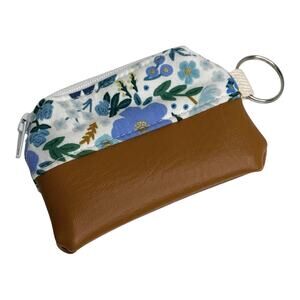 Vegan Leather Floral Mini Coin Purse Zip Pouch Key Ring Ear Bud Case 4" Bag Blue